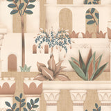 Mediterranean Villa Garden Orange textured vinyl wallpaper roll with arches and botanicals, 20.86 in x 33 ft