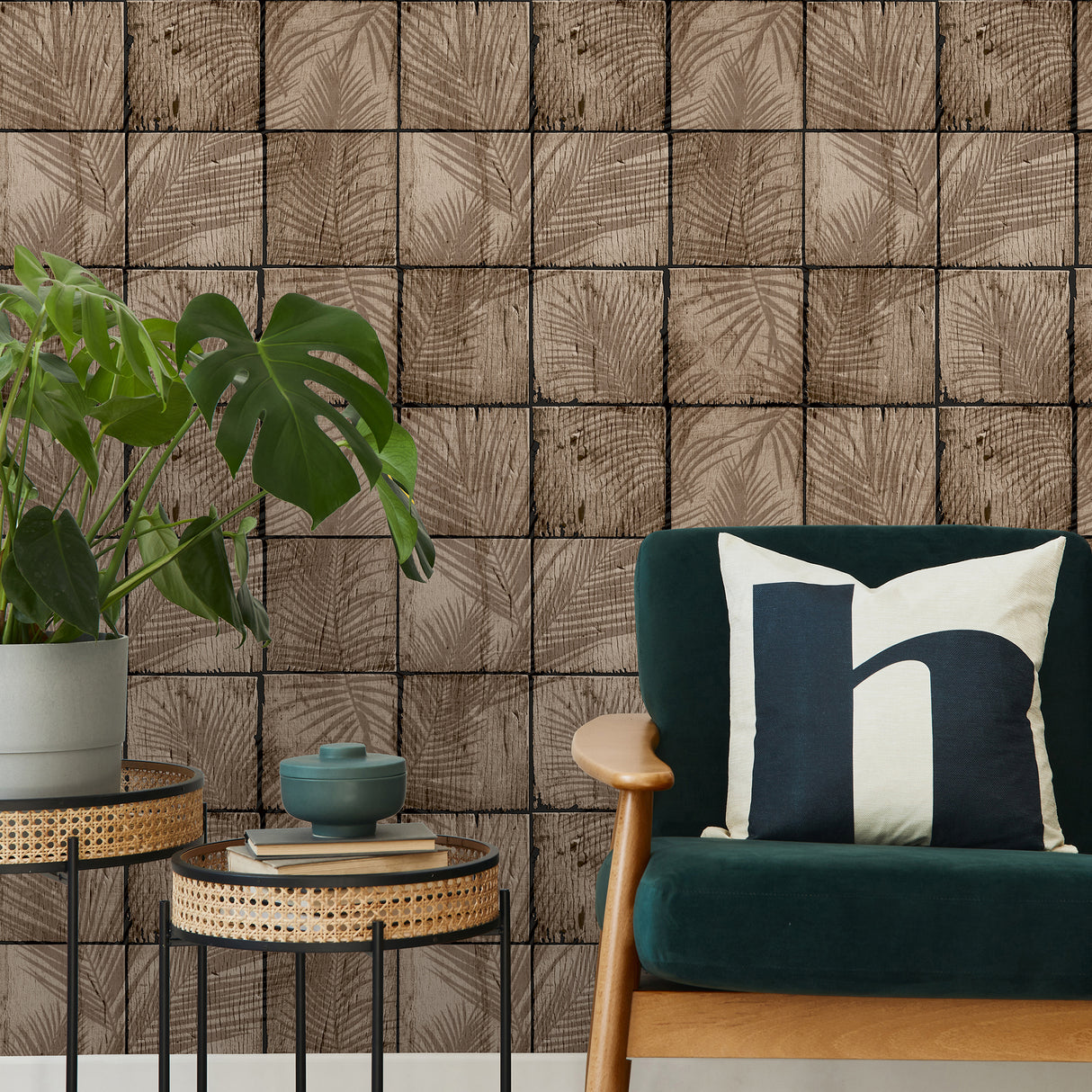 Rustic Palm Shadow Tile Taupe by Veer Decor Textured Vinyl Wallpaper – Veer Decor VRNO08-986