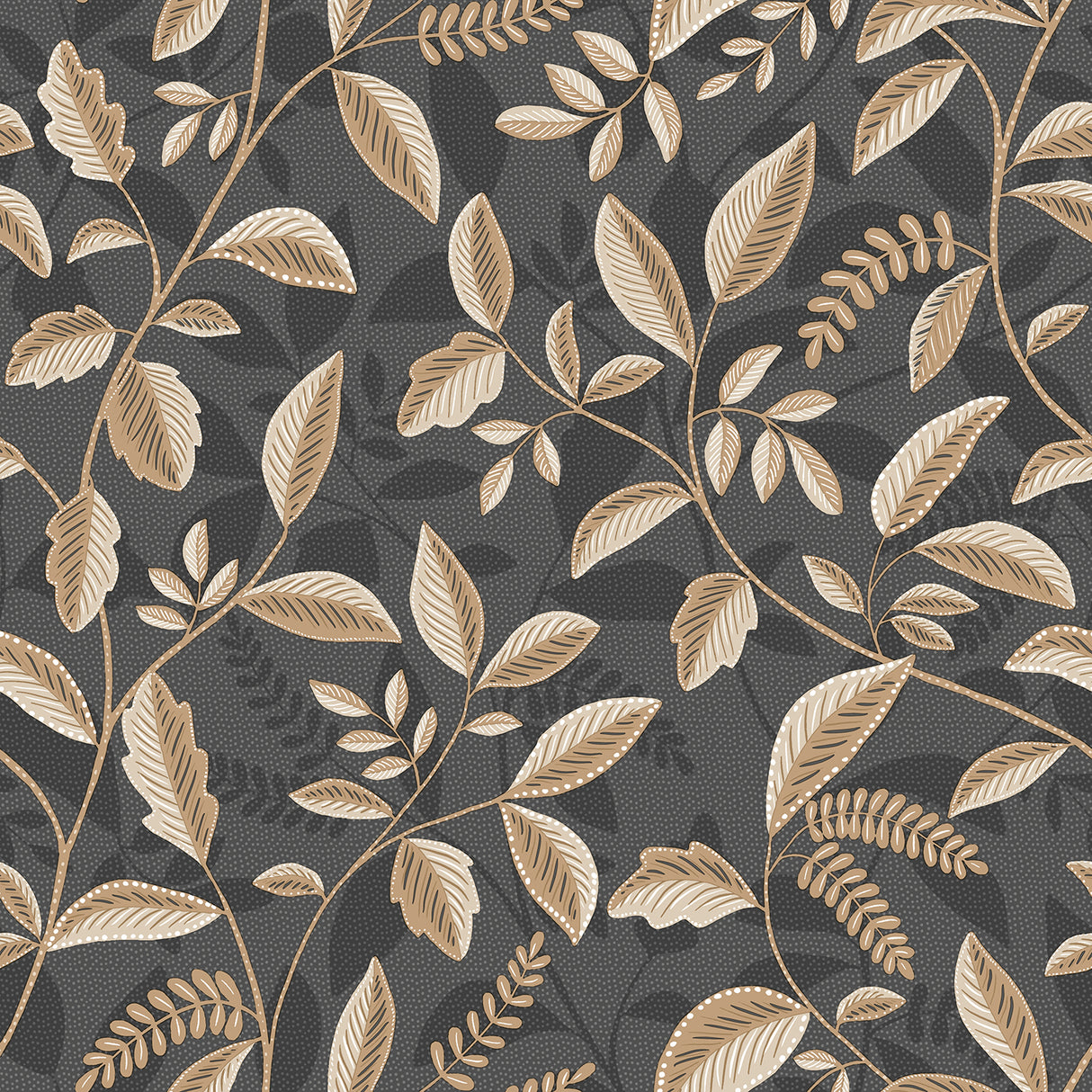 Tranquil Leafy Vine wallpaper in black and beige with textured vine pattern, roll size 20.86 in x 33 ft