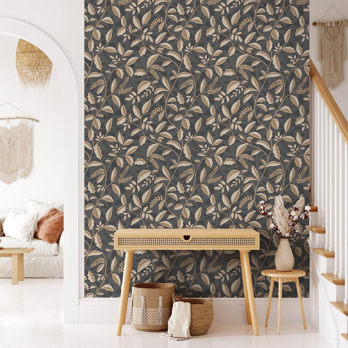 Tranquil Leafy Vine Black and Beige by Veer Decor Wallpaper – VRNO09-066