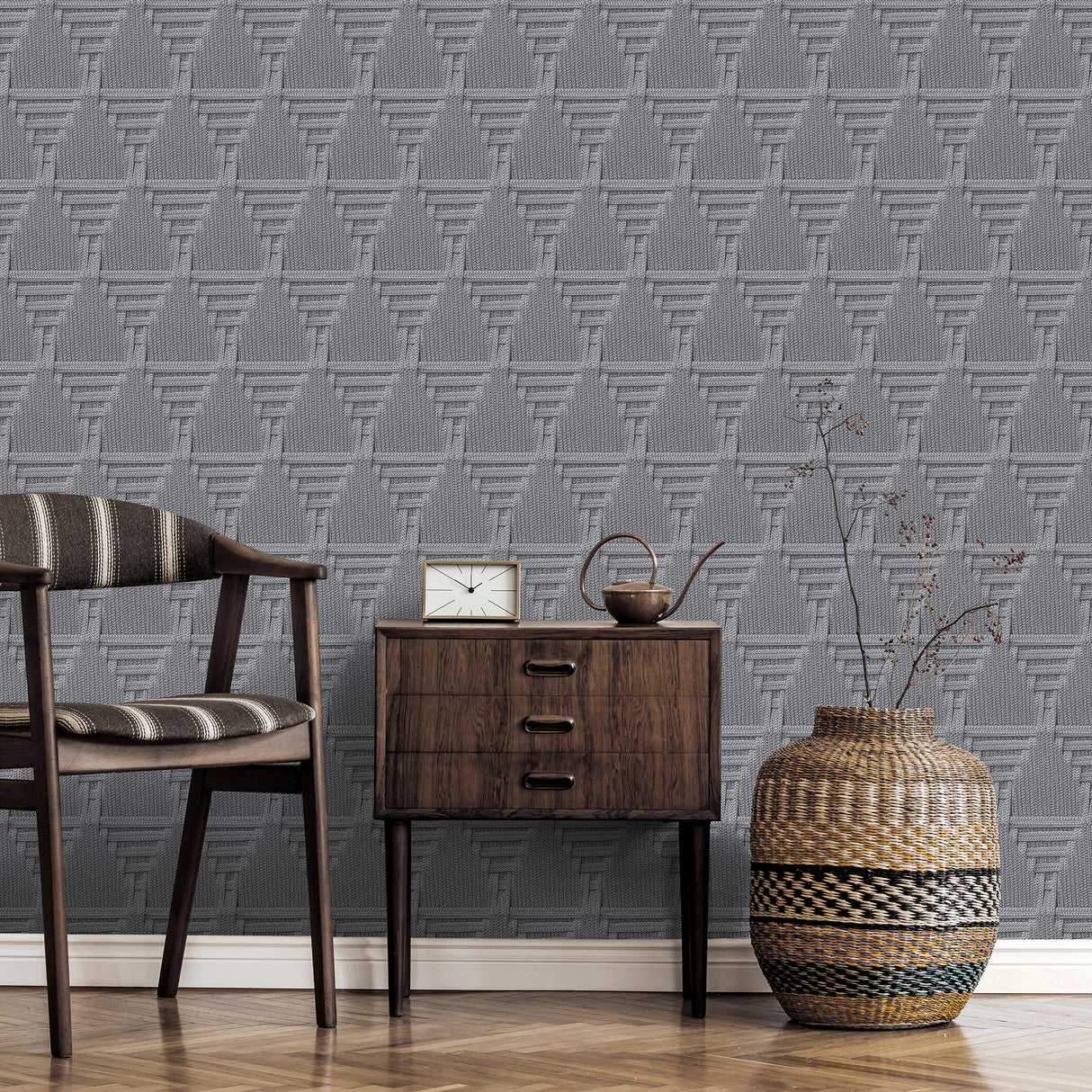 Rope Weave Diamond Dark Gray by Veer Decor Textured Geometric Wallpaper – Veer Decor VRNO09-886