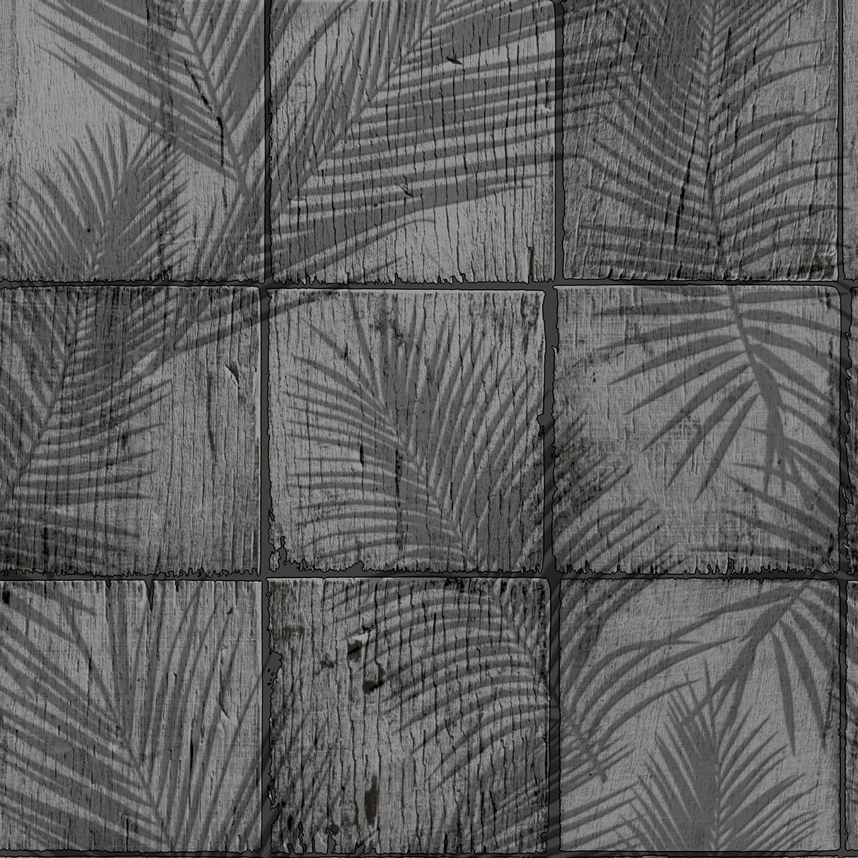 Rustic Palm Shadow Tile gray textured vinyl wallpaper with palm frond shadow tile motif