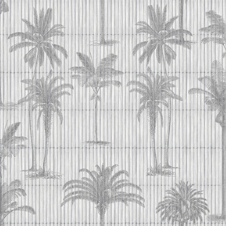 Vintage Palm Grove Light Gray wallpaper roll with palm tree motif on gray reed texture