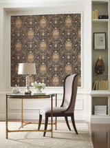 Byzance Brown Wallpaper with Metallic Medallion Floral Motif - York WA7718