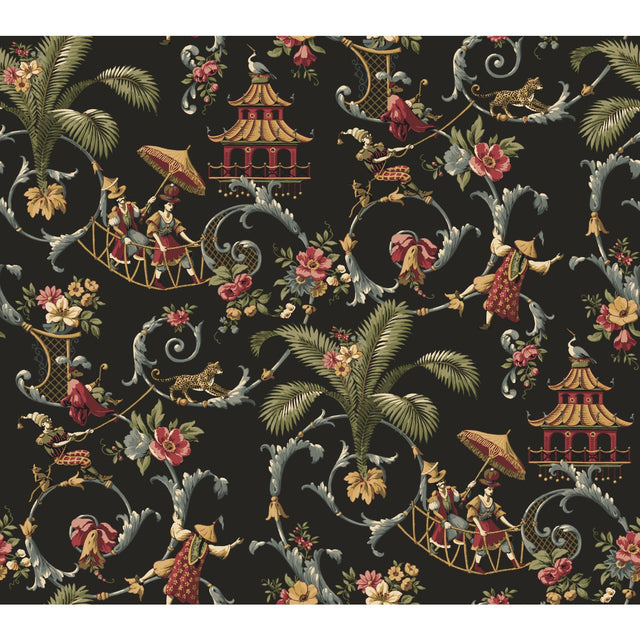 Mandarin Rose Red Wallpaper with Chinoiserie Scenic Motif - York WA7769