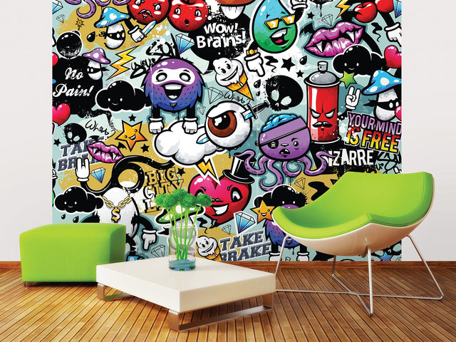 Graffiti Monster Multicolor Wall Mural with Modern Graphic Cartoon Pattern - ohpopsi WALS0004