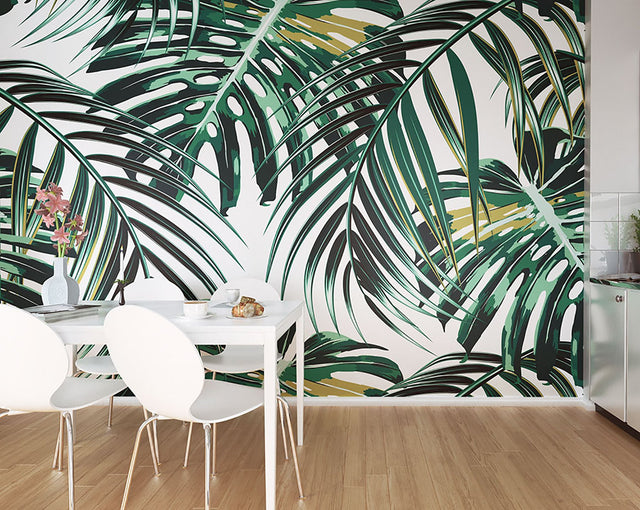 Tropical Leaves Green Wall Mural with Modern Leaf Graphics - ohpopsi WALS0211