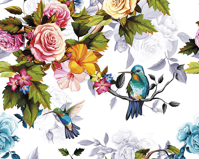 Hummingbird Garden Multicolor Scenic Floral Wall Mural - ohpopsi WALS0289