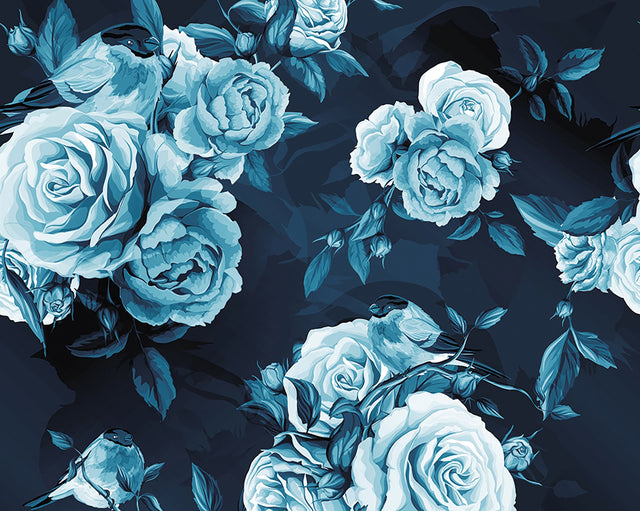 Blue Roses Blue Wall Mural with Modern Floral Pattern - Brewster WALS0296