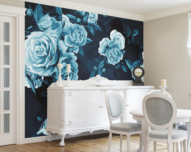 Blue Roses Blue Wall Mural with Modern Floral Pattern - Brewster WALS0296