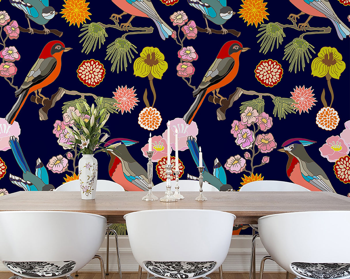 Floral Birds Multicolor Wall Mural with Chinoiserie Floral and Bird Motif - ohpopsi WALS0304