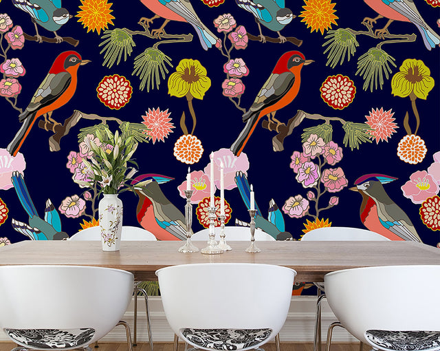 Floral Birds Multicolor Wall Mural with Chinoiserie Floral and Bird Motif - ohpopsi WALS0304