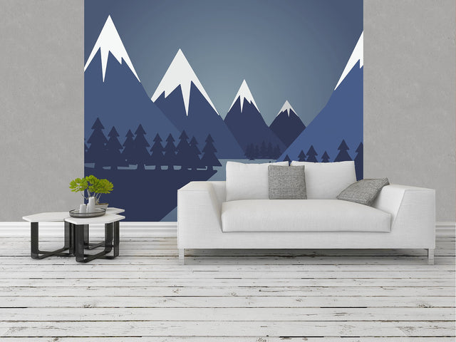 Snow Mountain Blue Wall Mural with Scenic Graphic Mountain Forest - ohpopsi WALS0410