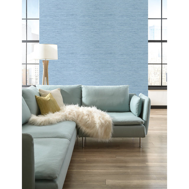 Horizontal Grasscloth Light Blue Wallpaper with Faux Grasscloth Texture - York WB5504