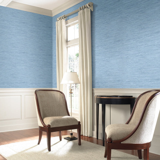 Horizontal Grasscloth Light Blue Wallpaper with Faux Grasscloth Texture - York WB5504