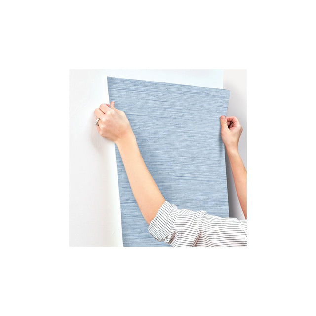 Horizontal Grasscloth Light Blue Wallpaper with Faux Grasscloth Texture - York WB5504