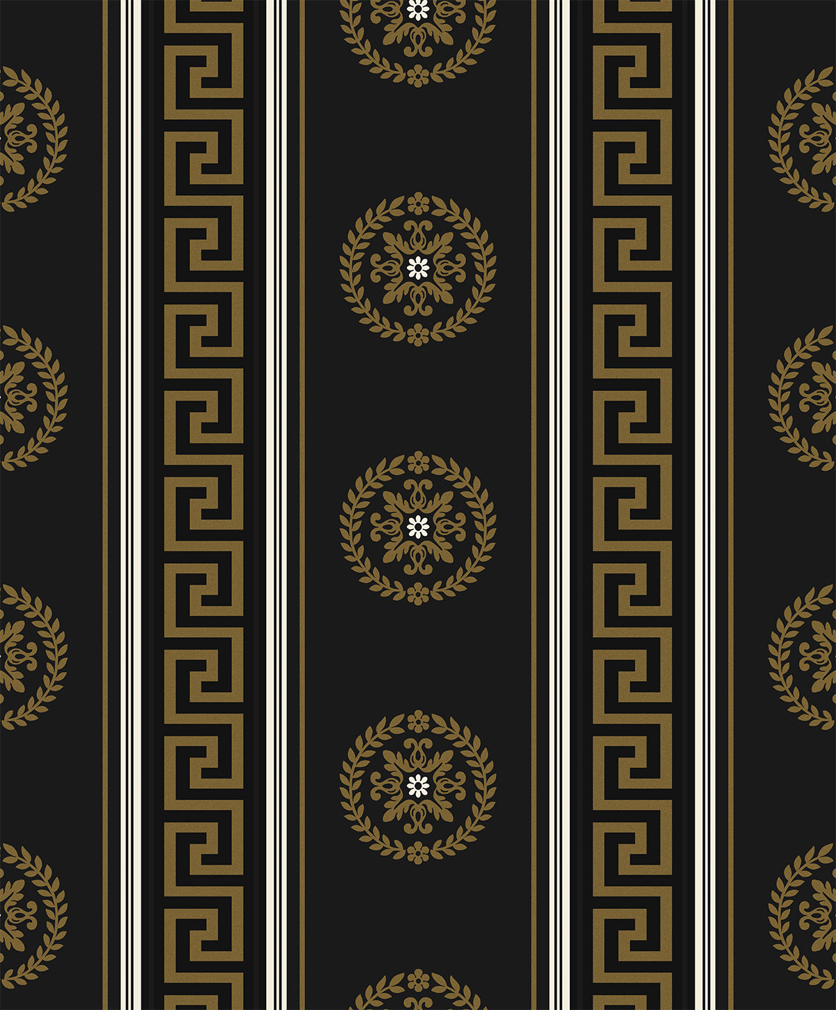 Black wallpaper with metallic gold medallions and Greek key stripe detailing.