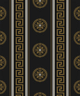 Black wallpaper with metallic gold medallions and Greek key stripe detailing.