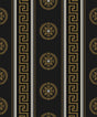 Black wallpaper with metallic gold medallions and Greek key stripe detailing.