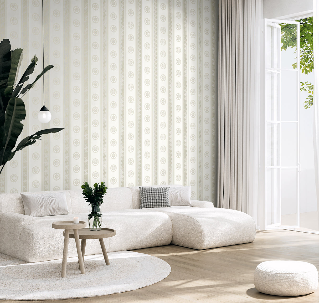 Classico Medallion Stripe Cream & Metallic Champagne by Piano Medallion Stripe Wallpaper – Seabrook Designs WH40125