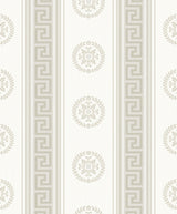 Cream and metallic champagne medallion stripe wallpaper with Greek key vertical borders