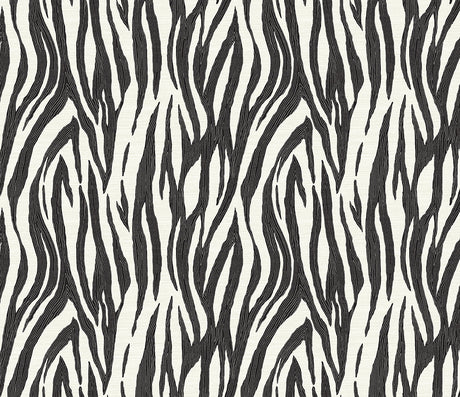 Black and off-white zebra-inspired animal print wallpaper pattern, Jazz Faux Skin in Onyx & Neutral by Seabrook Designs.