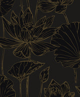 Black espresso wallpaper with metallic bronze outlined floral pattern (Viola Floral).