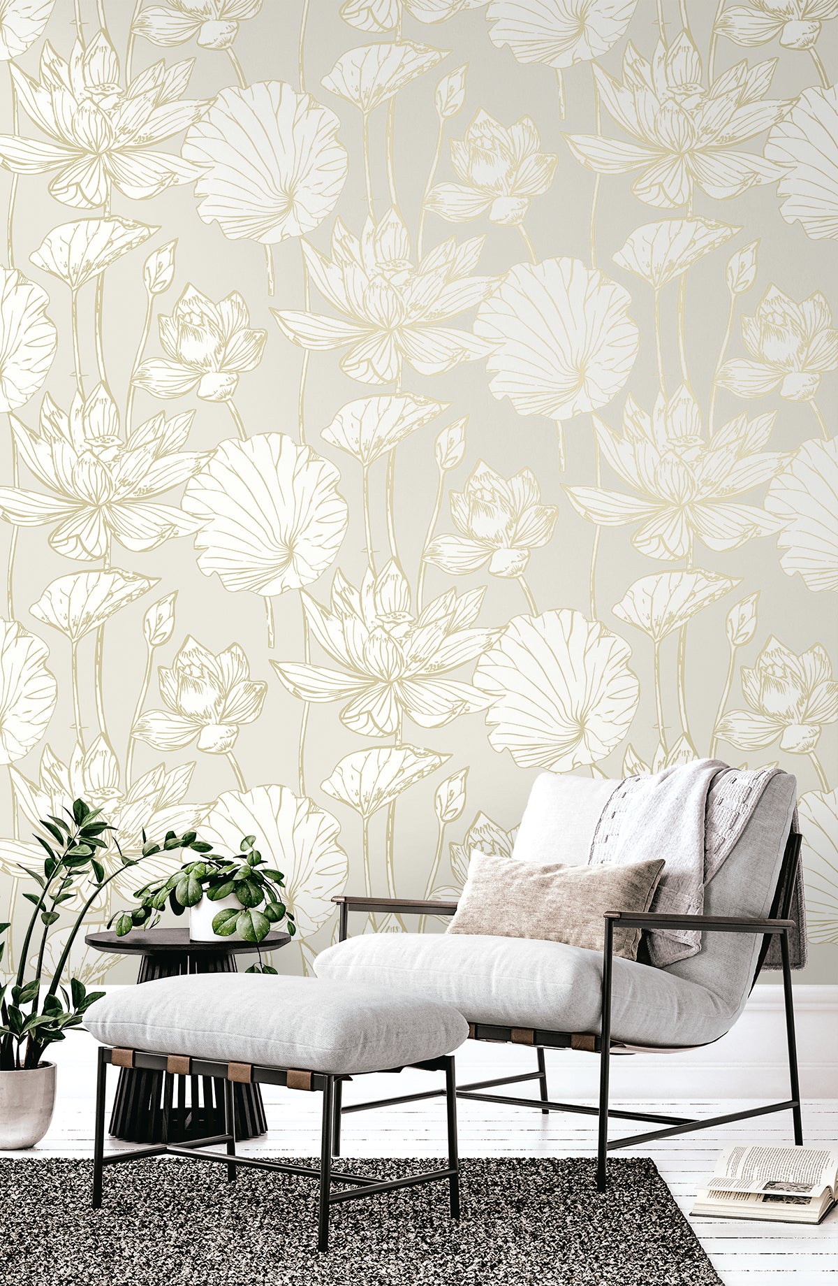 Viola Floral Neutral and Metallic Gold by Piano Floral Wallpaper – Seabrook Designs WH40706