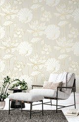 Viola Floral Neutral and Metallic Gold by Piano Floral Wallpaper – Seabrook Designs WH40706