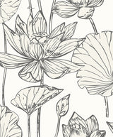 Viola Floral wallpaper in Metallic Ivory & Ash featuring large-scale line-drawn florals on an ivory ground.