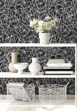 Alejandra Floral Metallic Charcoal & Black by Piano Contemporary Floral Wallpaper – Seabrook Designs WH40800