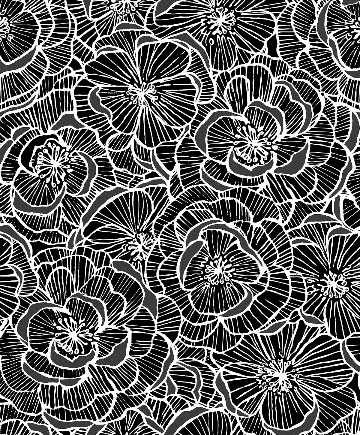 Alejandra Floral wallpaper pattern in metallic charcoal and black with bold outlined floral design