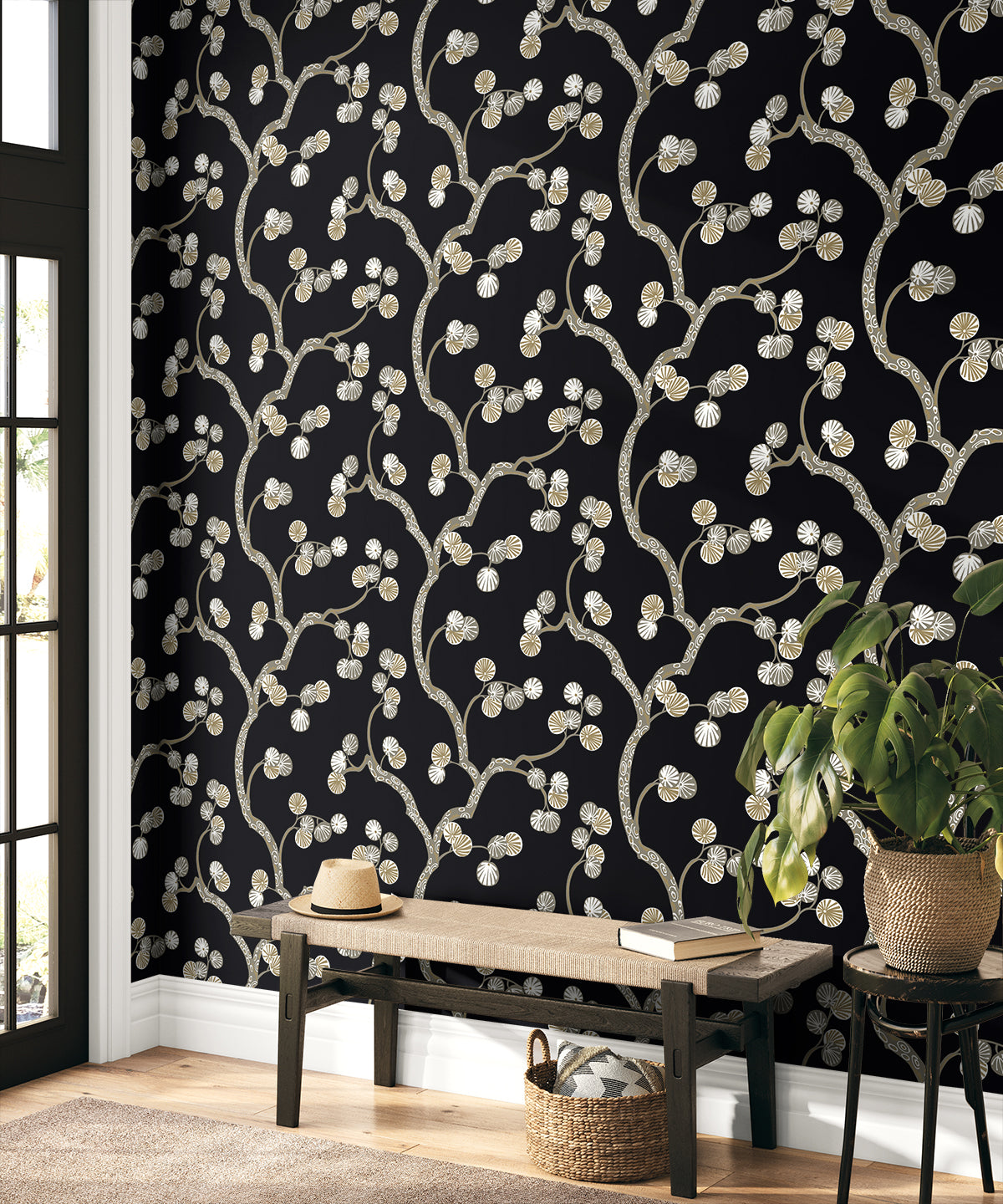 Allegra Branches Jet Black & Metallic Gold by Piano Botanical Metallic Wallpaper – Seabrook Designs WH41005