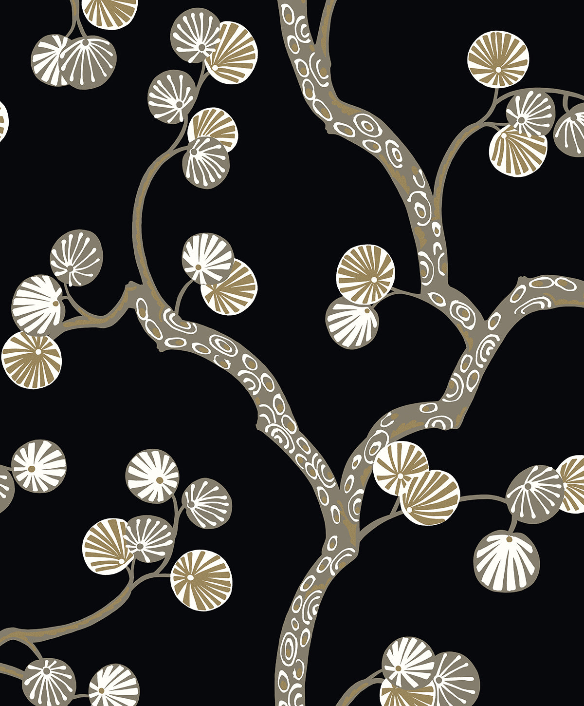 Allegra Branches wallpaper in jet black with metallic gold botanical branches, rotary screen printed on nonwoven.