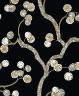 Allegra Branches wallpaper in jet black with metallic gold botanical branches, rotary screen printed on nonwoven.