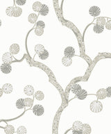 Allegra Branches wallpaper in Cotton & Fog with stylized botanical branches on an off-white ground.