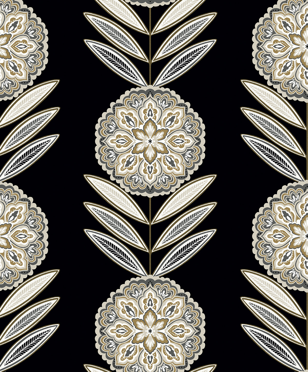 Belle Floral Stripe wallpaper in Black Tie with metallic gold floral medallions and leaf stripes