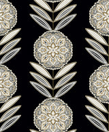 Belle Floral Stripe wallpaper in Black Tie with metallic gold floral medallions and leaf stripes