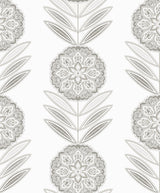 Smoke grey floral medallion stripe wallpaper pattern with satin finish