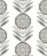 Belle Floral Stripe wallpaper in Mushroom neutral tones with stylized floral medallions and vertical stripe layout