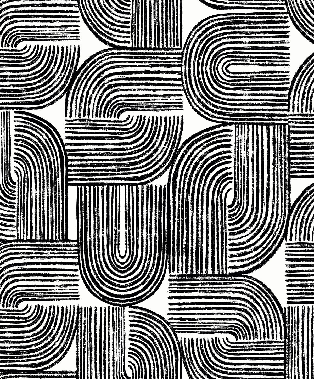 Black and off-white Piper Geometric wallpaper pattern with bold curved linework