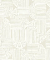 Piper Geometric wallpaper pattern in metallic champagne and off-white with interlocking rounded geometric linework.