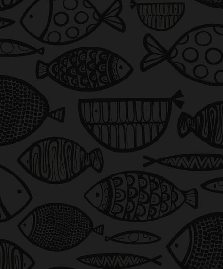Cadence Fish wallpaper in Metallic Volcanic Black with stylized fish motif