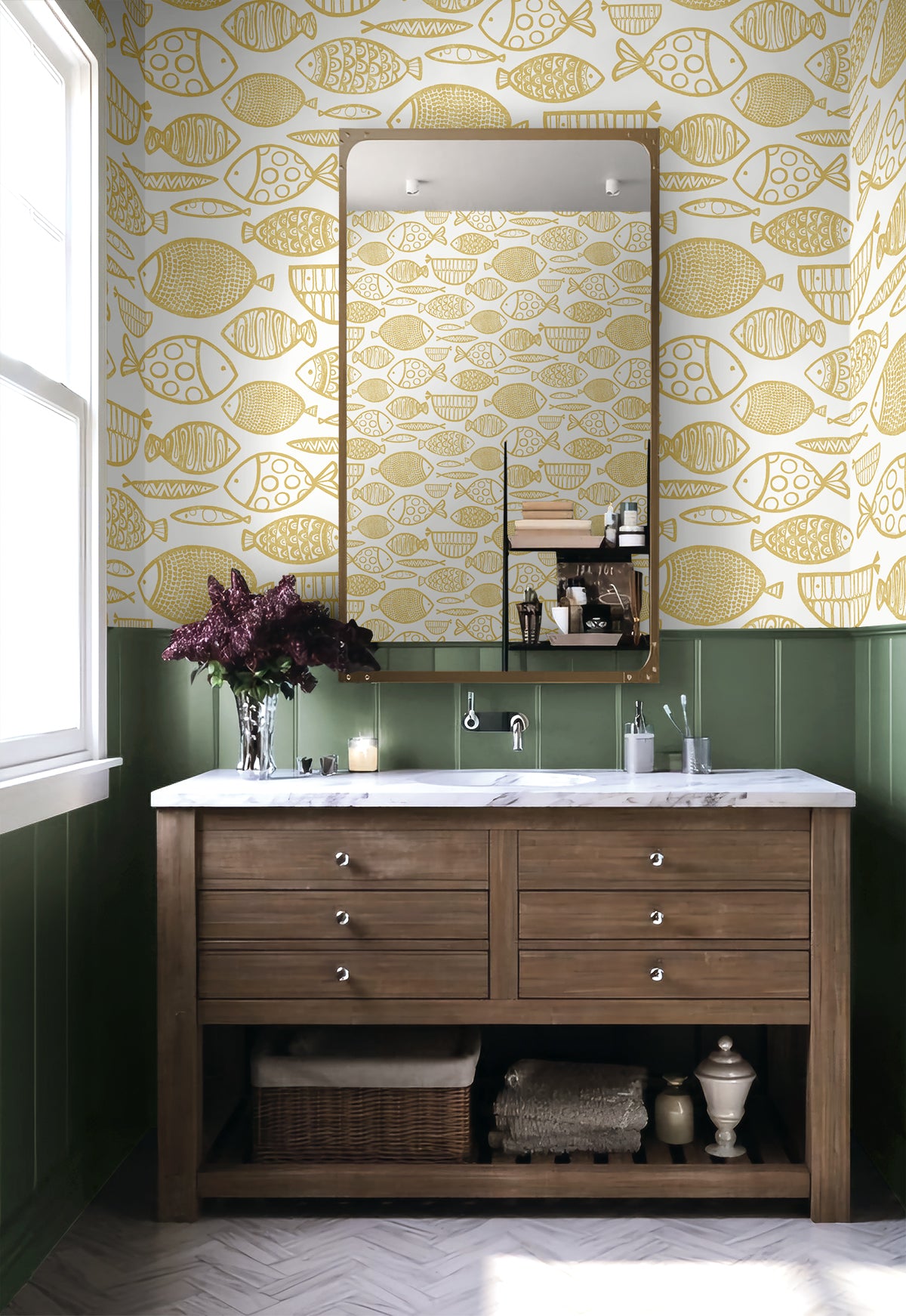 Cadence Fish Honey by Piano Contemporary Fish Wallpaper – Seabrook Designs WH41405