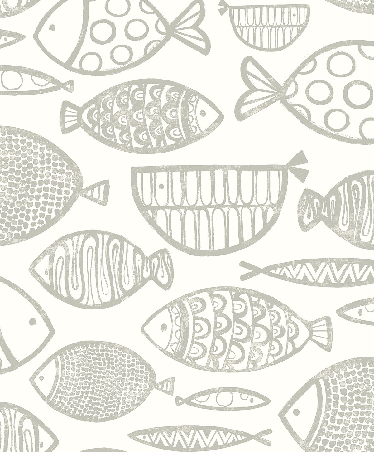Cadence Fish wallpaper in Lily Grey with hand-drawn fish motif