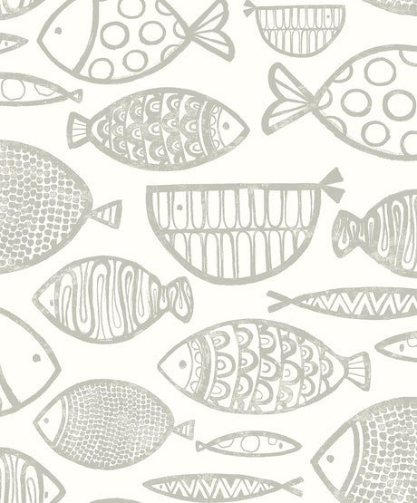 Cadence Fish wallpaper in Lily Grey with hand-drawn fish motif