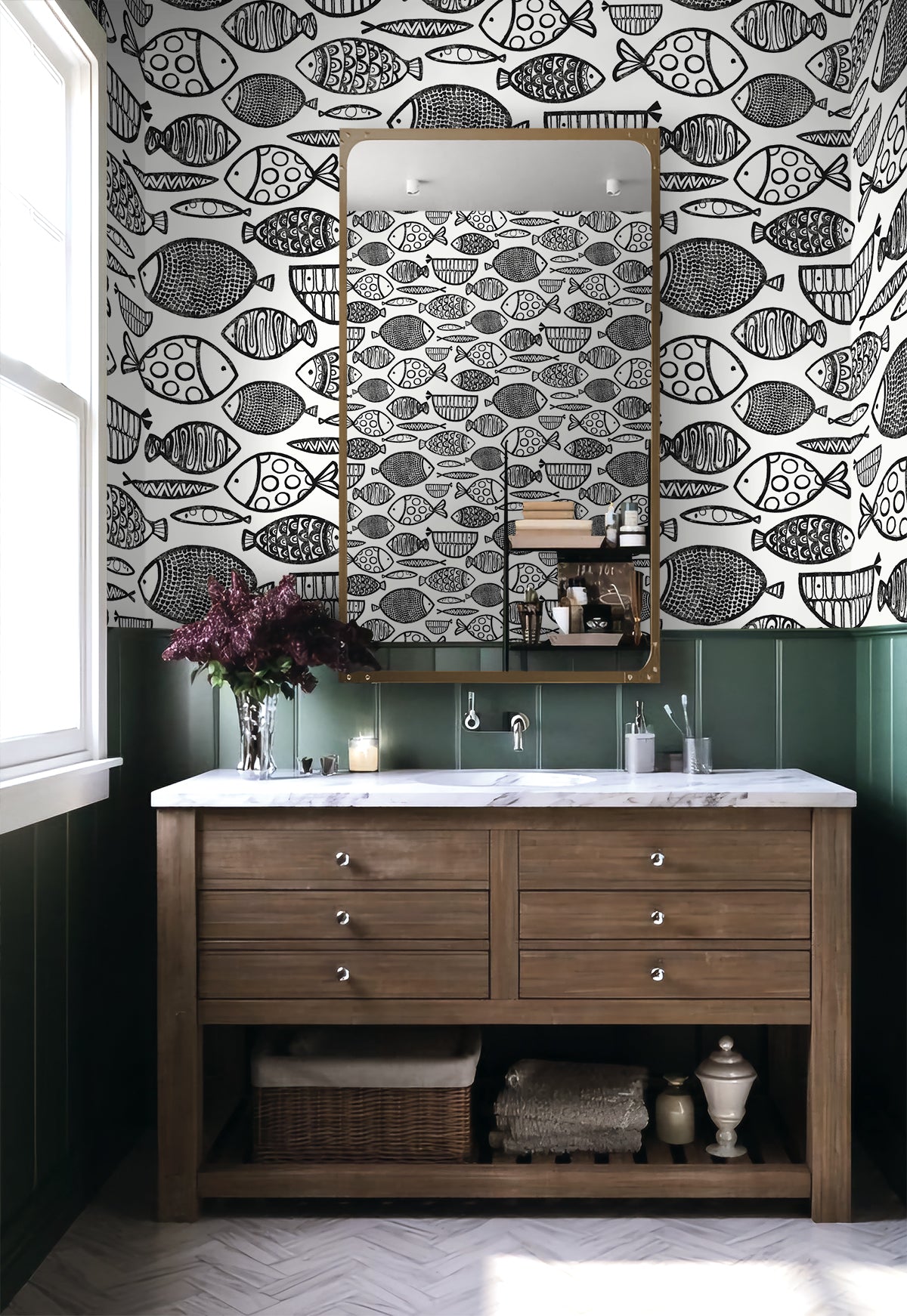 Cadence Fish Black & White by Piano Fish Wallpaper – Seabrook Designs WH41420