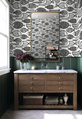 Cadence Fish Black & White by Piano Fish Wallpaper – Seabrook Designs WH41420