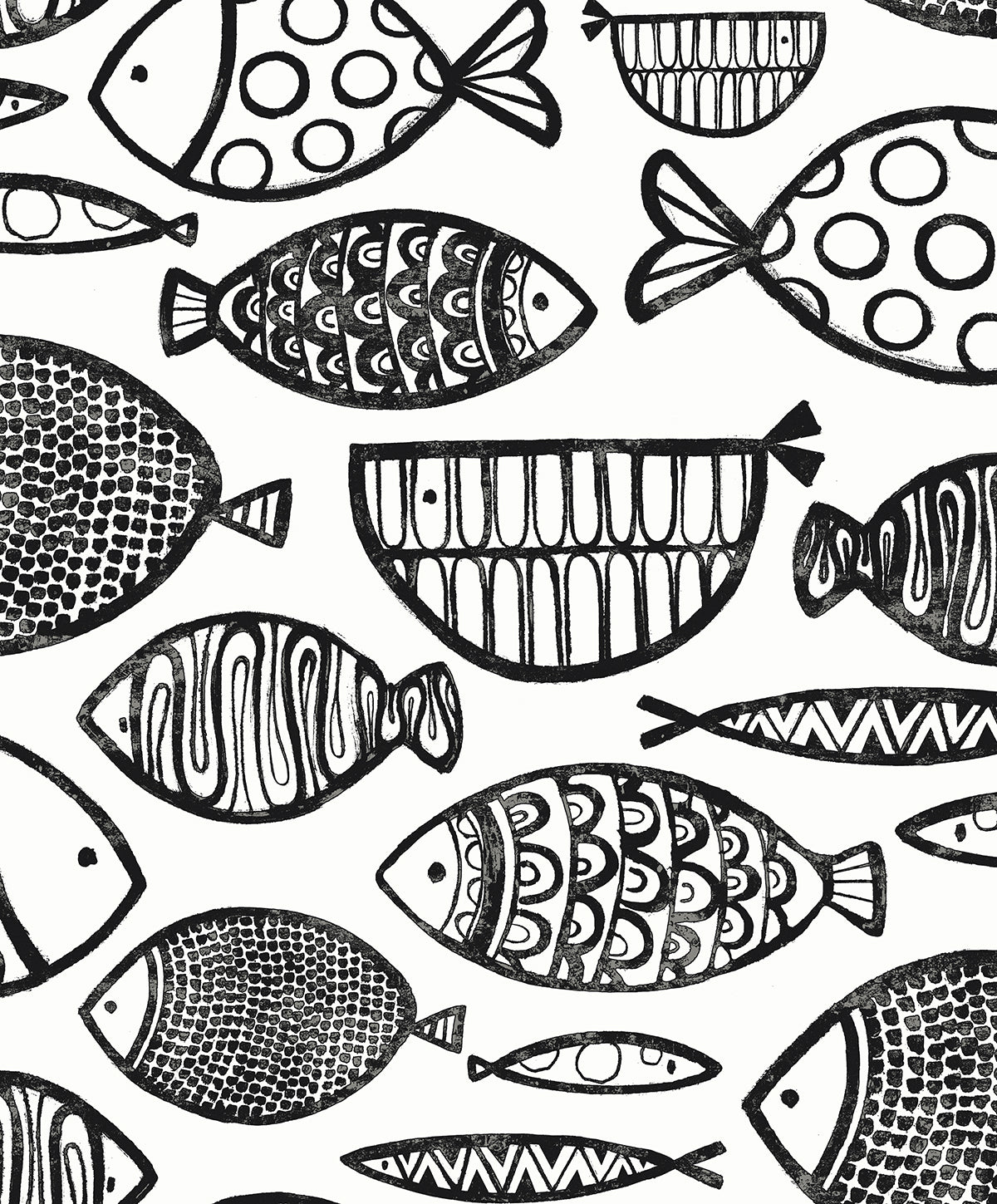 Black and white illustrated fish pattern wallpaper