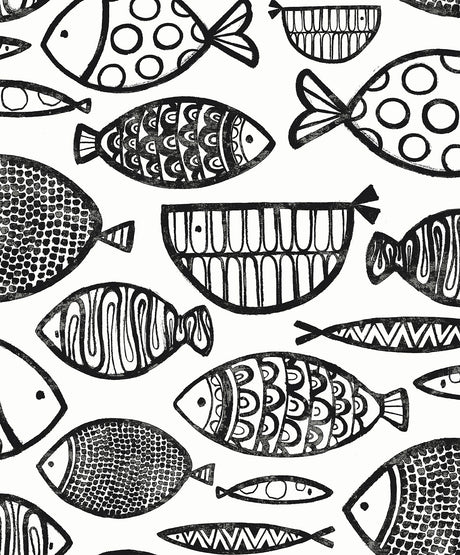 Black and white illustrated fish pattern wallpaper
